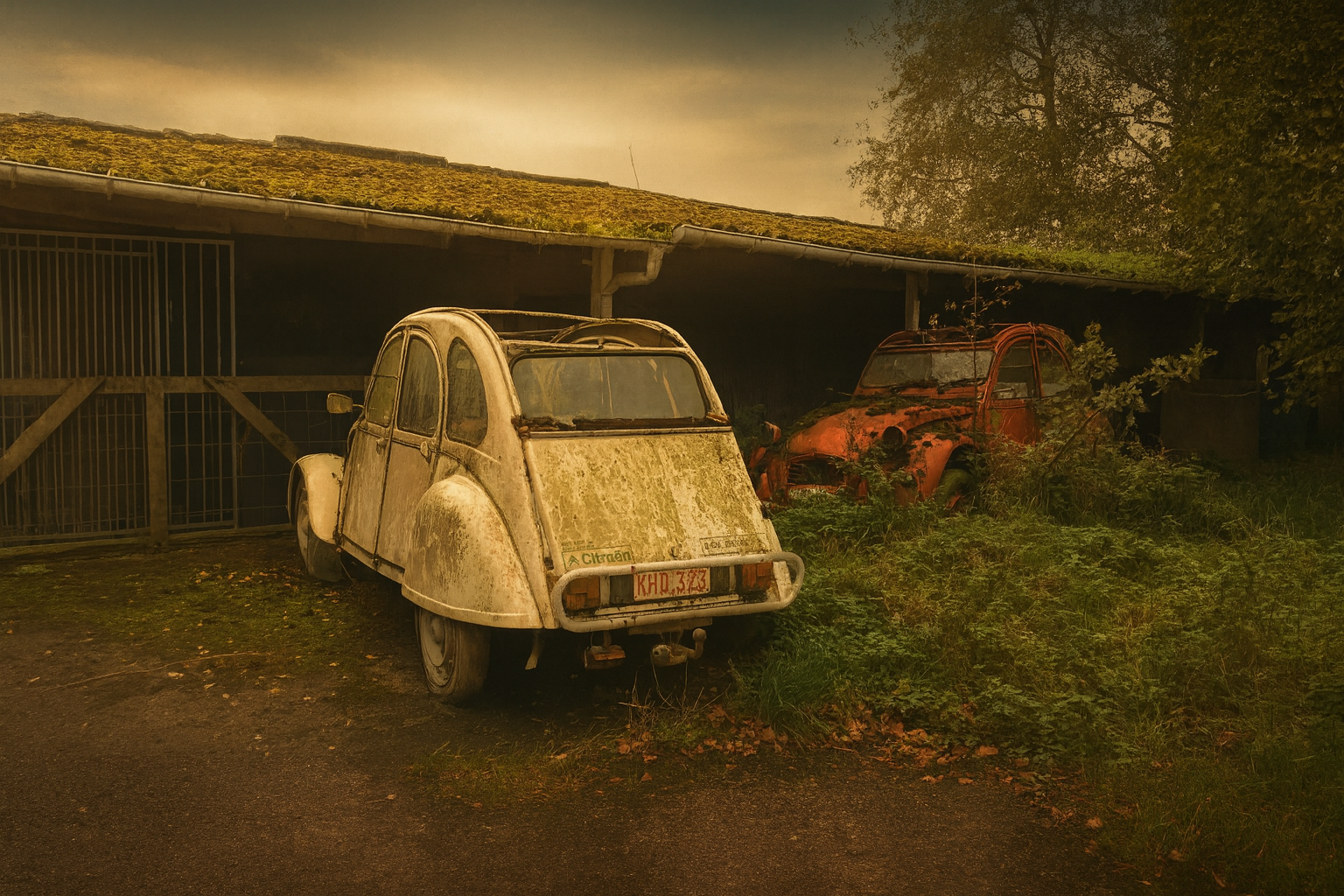 Urbex foto van een witte en rode Citroen 2CV onder een vervallen afdak bij Maison Goat