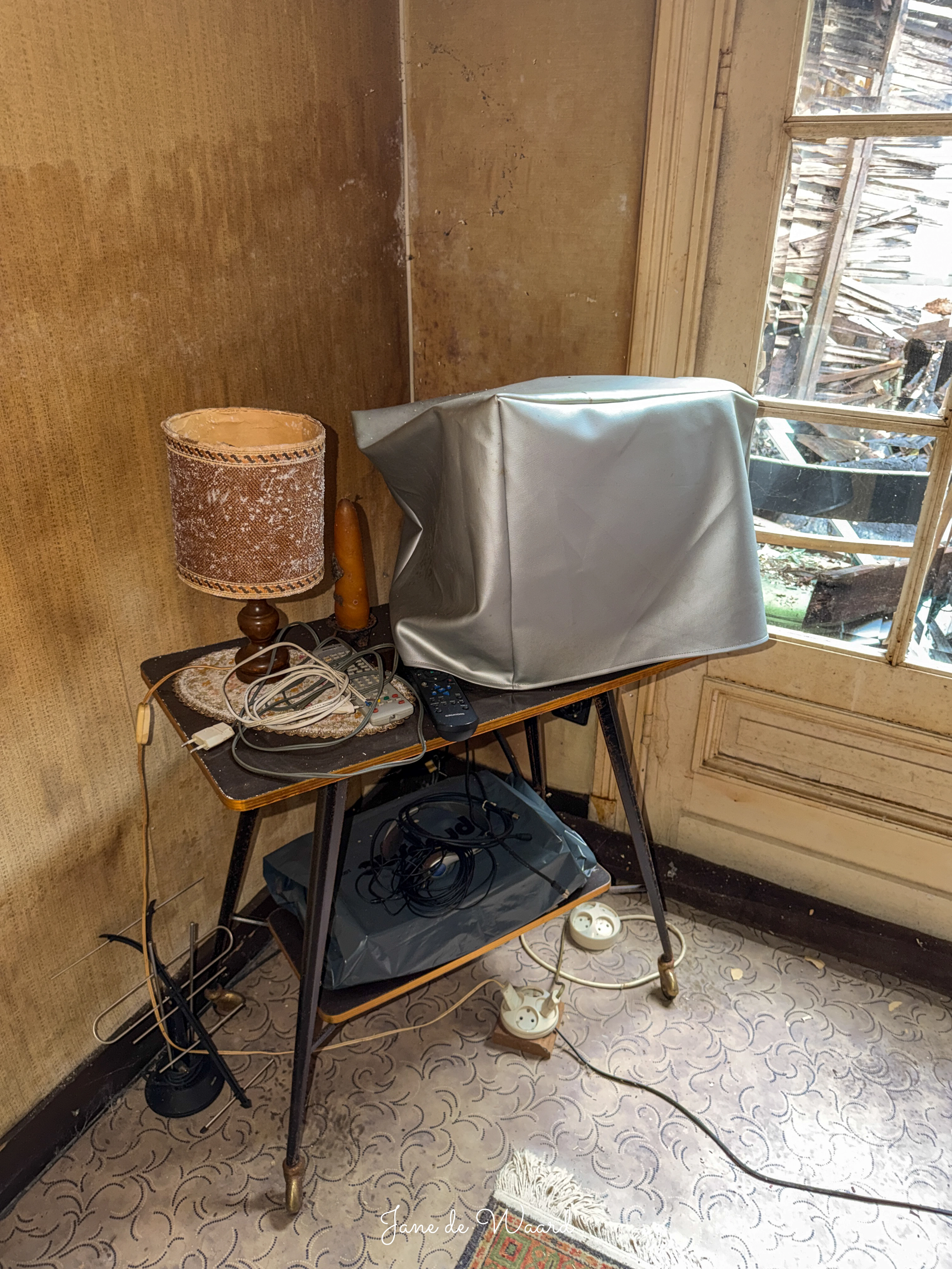 Zicht door de openslaande deuren naar de overwoekerde tuin van de villa